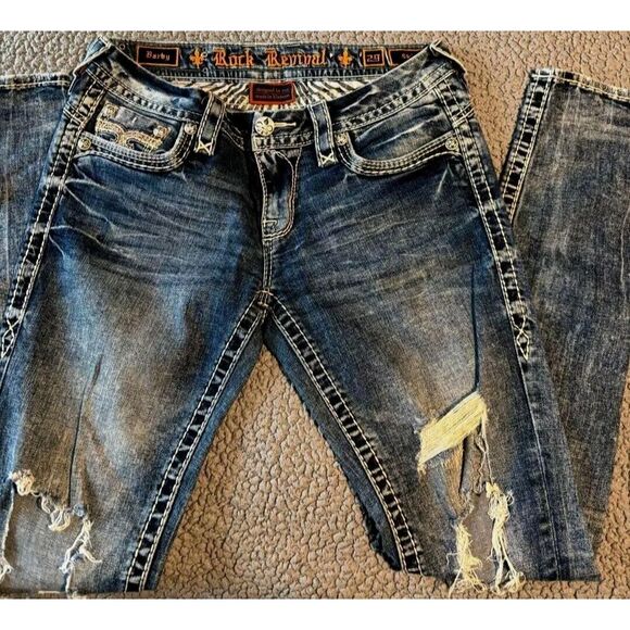 Rock Revival Blue Skinny Jeans with Embroidered Pockets - Picture 3 of 10